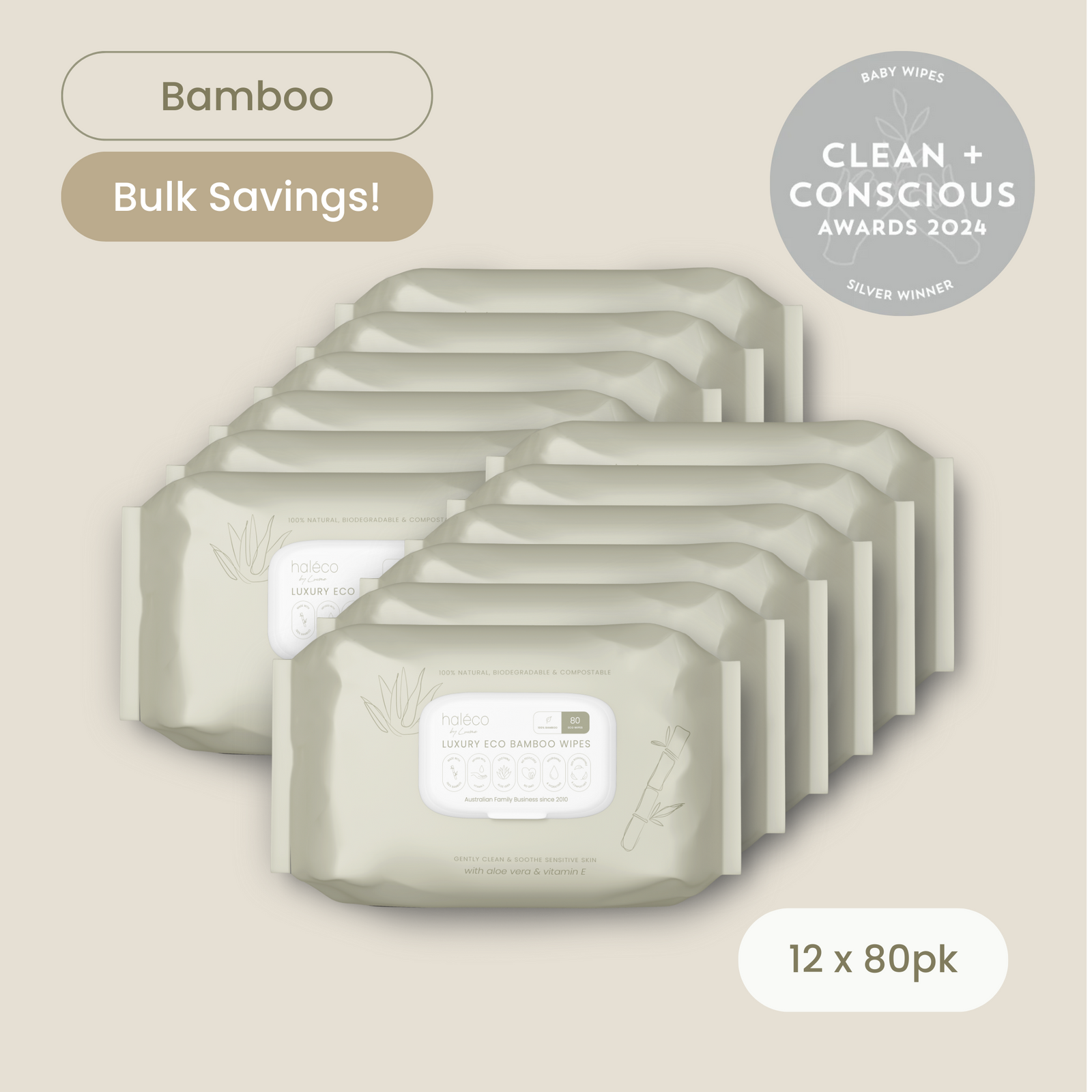 Haléco by Luvme 80pk Bamboo Wipes | 12 PACKS