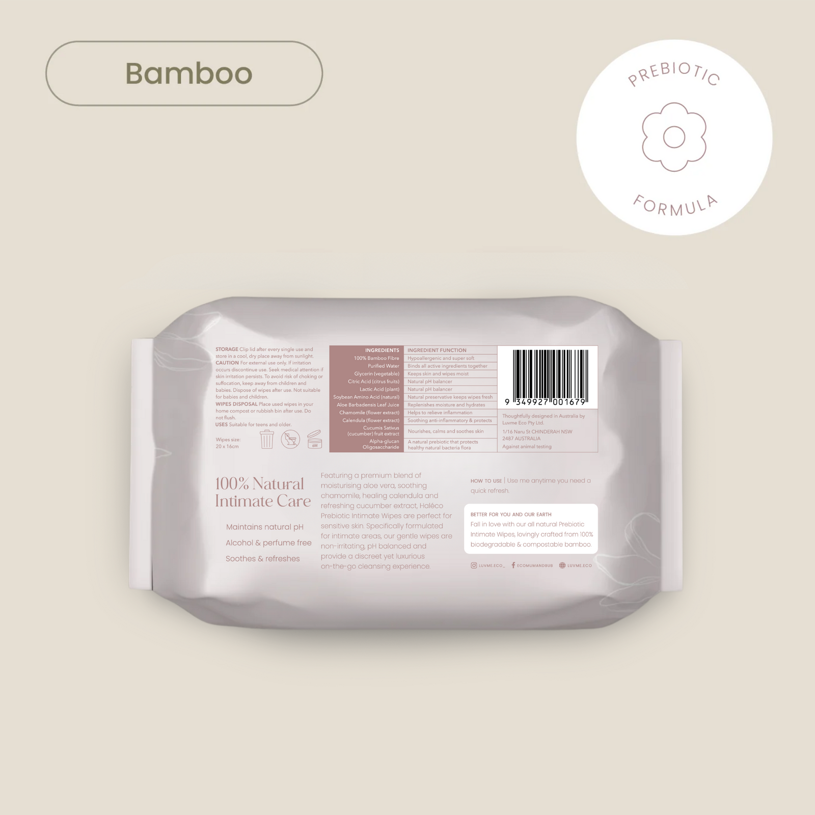 Haléco by Luvme 20pk Bamboo Prebiotic Feminine Wipes | 8 PACKS