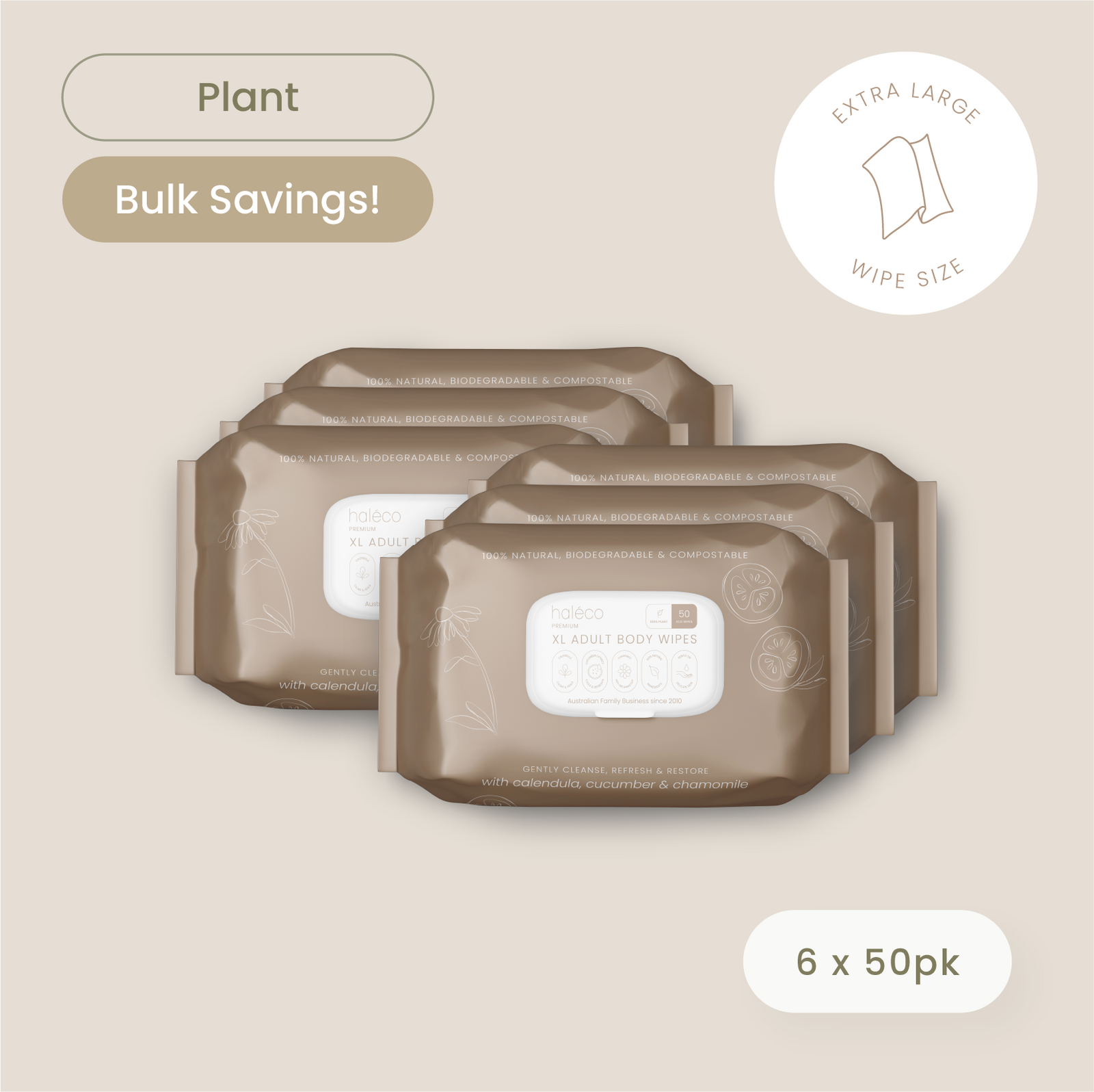 Haléco by Luvme 50pk XLarge Body Wipes | 6 PACKS