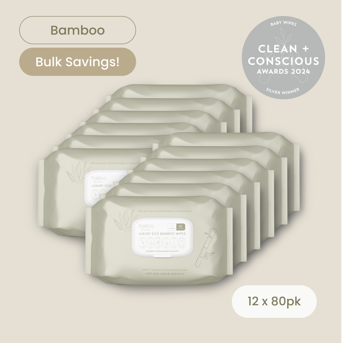 Haléco by Luvme 80pk Bamboo Wipes | 12 PACKS