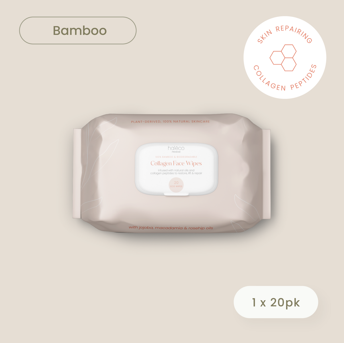 Haléco 20pk Bamboo Collagen Face Wipes | 1 PACK