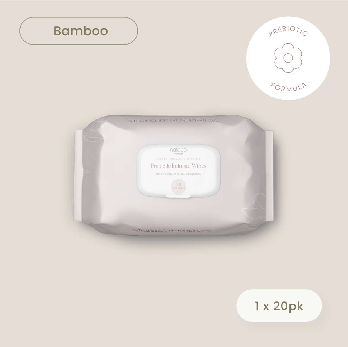 Haléco 20pk Bamboo Prebiotic Intimate Wipes | 1 PACK