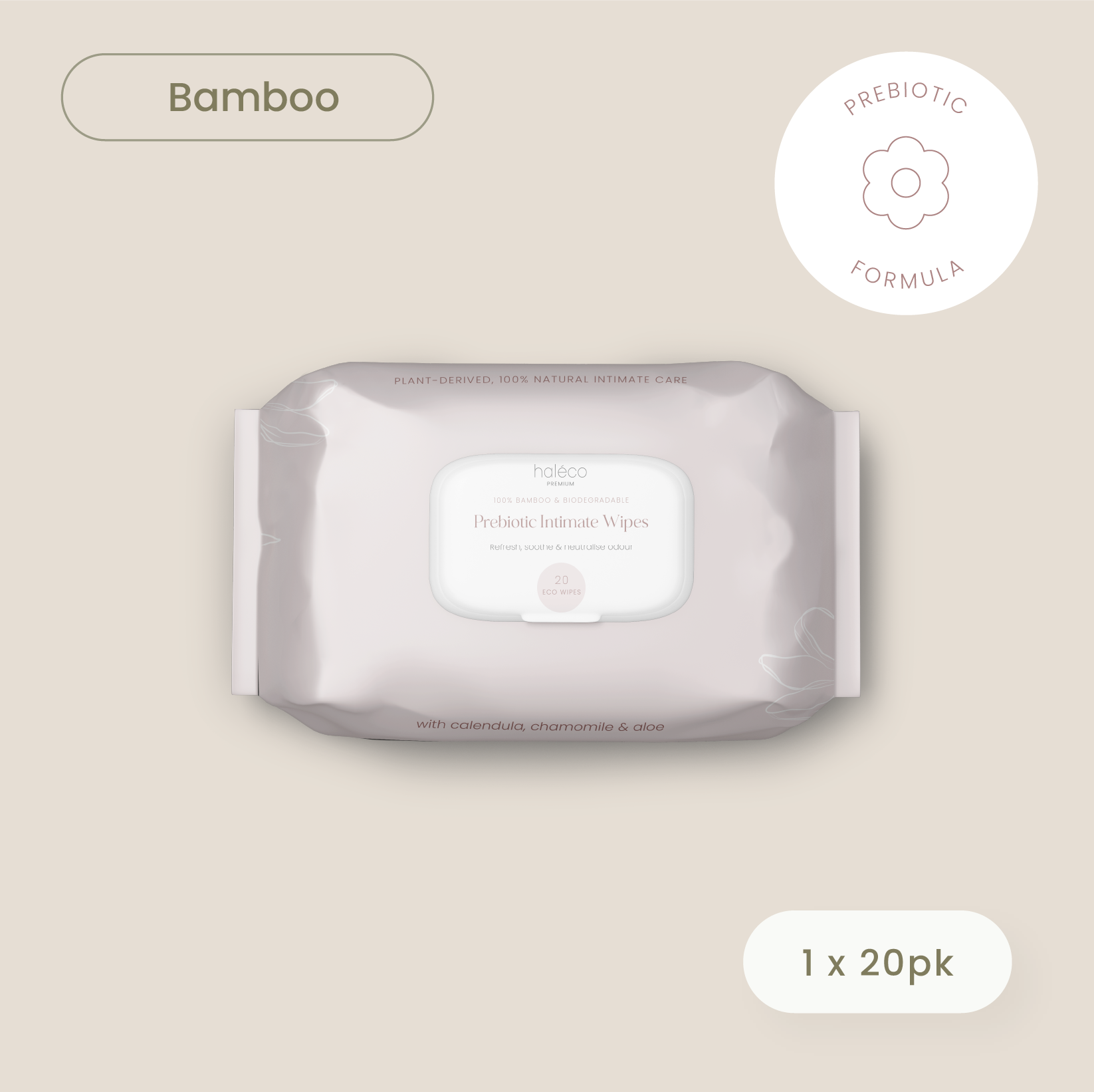 Haléco 20pk Bamboo Prebiotic Intimate Wipes | 1 PACK